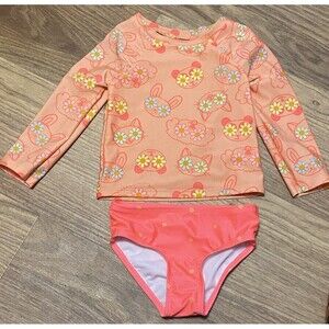 Toddler Girls Sz 2T Rash Guard Set  Cat & Jack Orange Floral Animals Long Sleeve